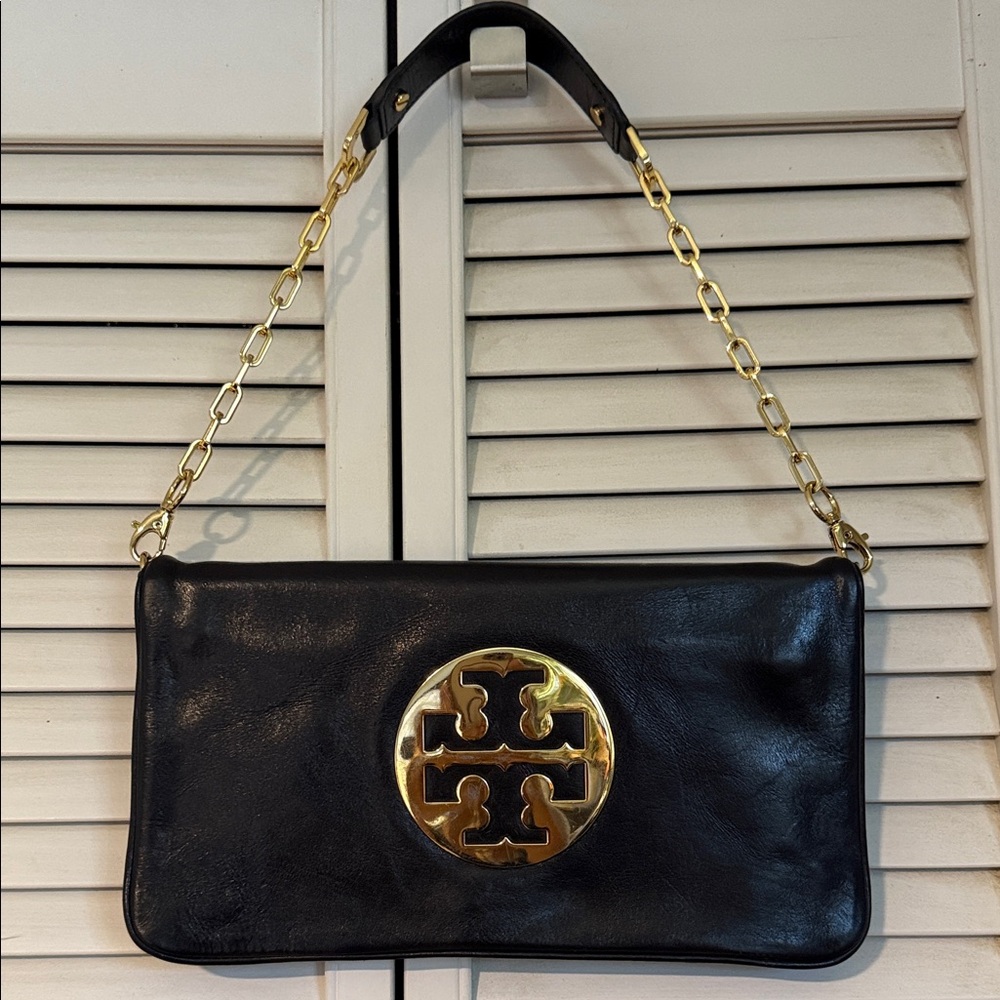 Tory Burch Black Clutch with Gold Chain
